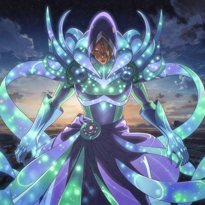 The primary subject of the image is a person wearing a purple and blue costume, which appears to be a combination of a robe and a cape. The person is standing in front of a backdrop of a sunset, which adds a warm and serene atmosphere to the scene. The visual style of the image is a digital art or illustration, as the colors and details are vibrant and well-defined. The overall mood of the image is one of fantasy and adventure, as the person's